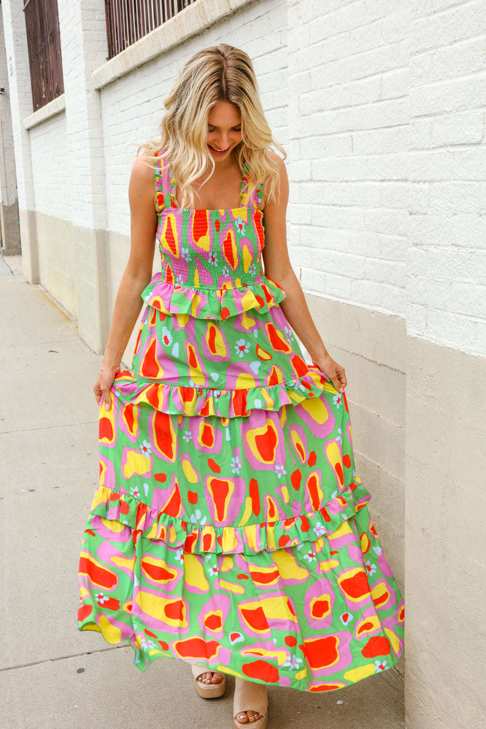 First Love Sunny Days Abstract Print Tiered Ruffle Smocked Sleeveless Maxi