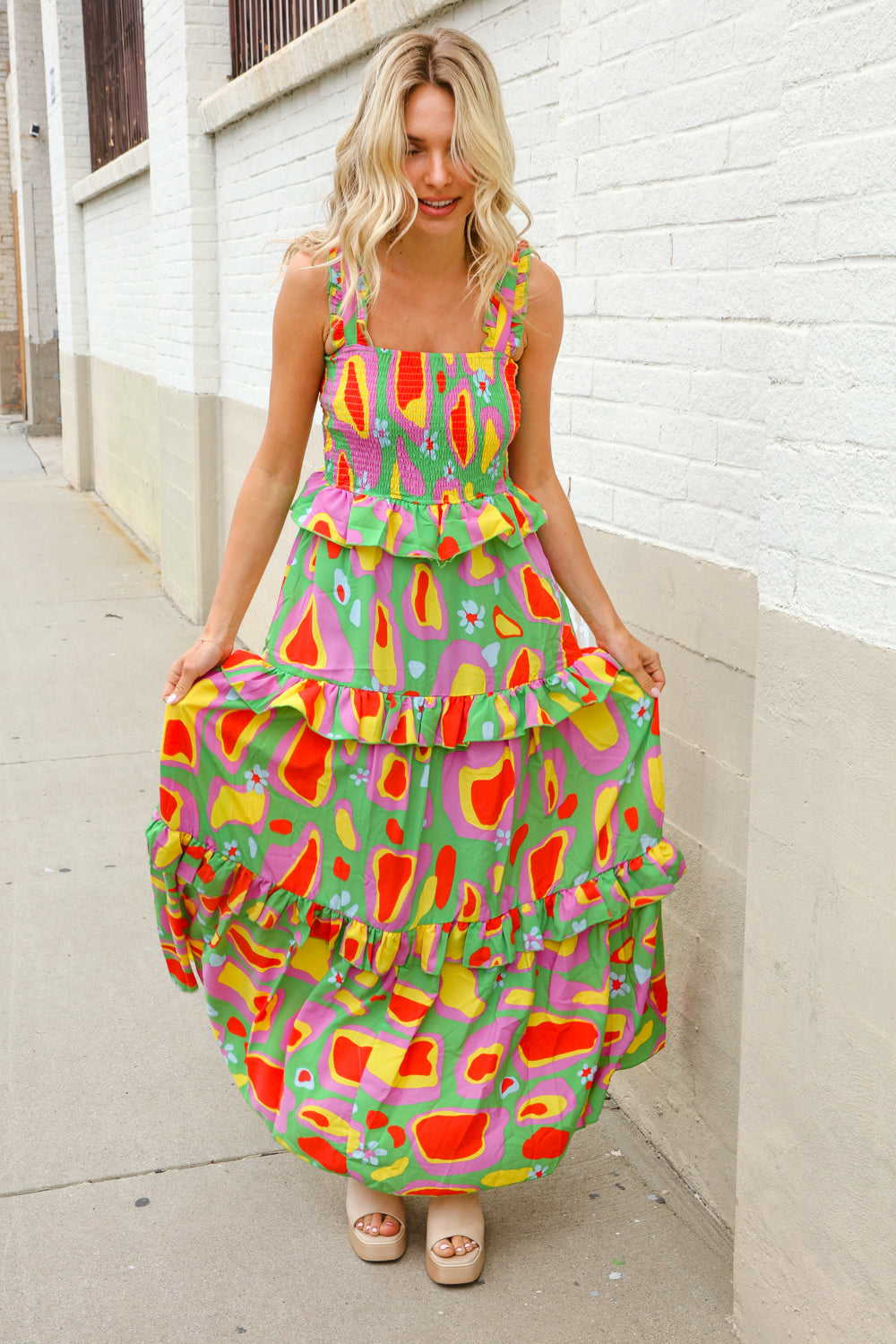First Love Sunny Days Abstract Print Tiered Ruffle Smocked Sleeveless Maxi