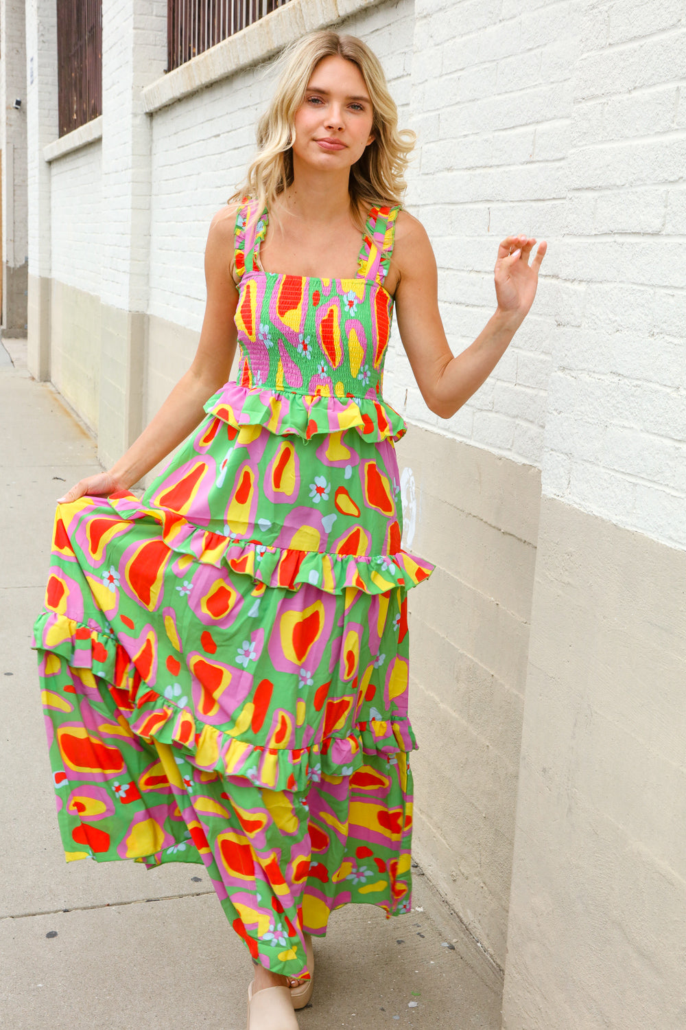 First Love Sunny Days Abstract Print Tiered Ruffle Smocked Sleeveless Maxi