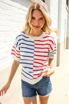 Haptics Patriotic Red & Blue Stripe Drop Shoulder Oversize Sweater Top
