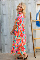 Haptics Orange & Aqua Floral Smocked Notched Neck Midi Dress