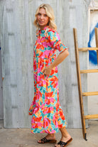 Haptics Orange & Aqua Floral Smocked Notched Neck Midi Dress