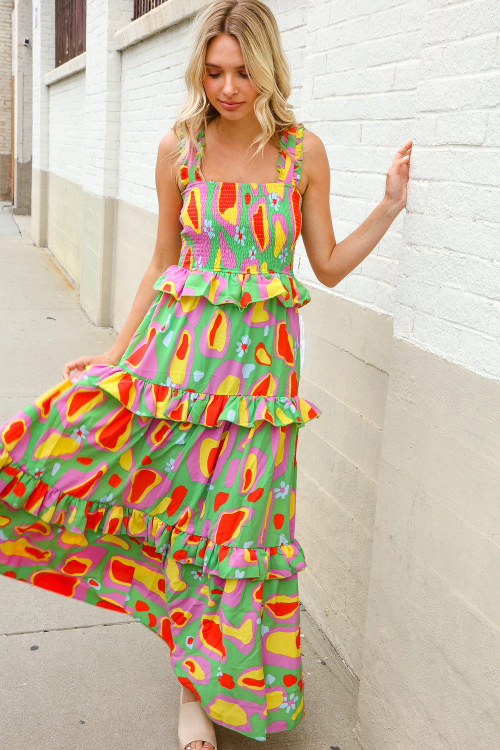 First Love Sunny Days Abstract Print Tiered Ruffle Smocked Sleeveless Maxi