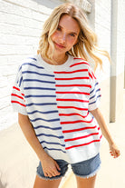 Haptics Patriotic Red & Blue Stripe Drop Shoulder Oversize Sweater Top