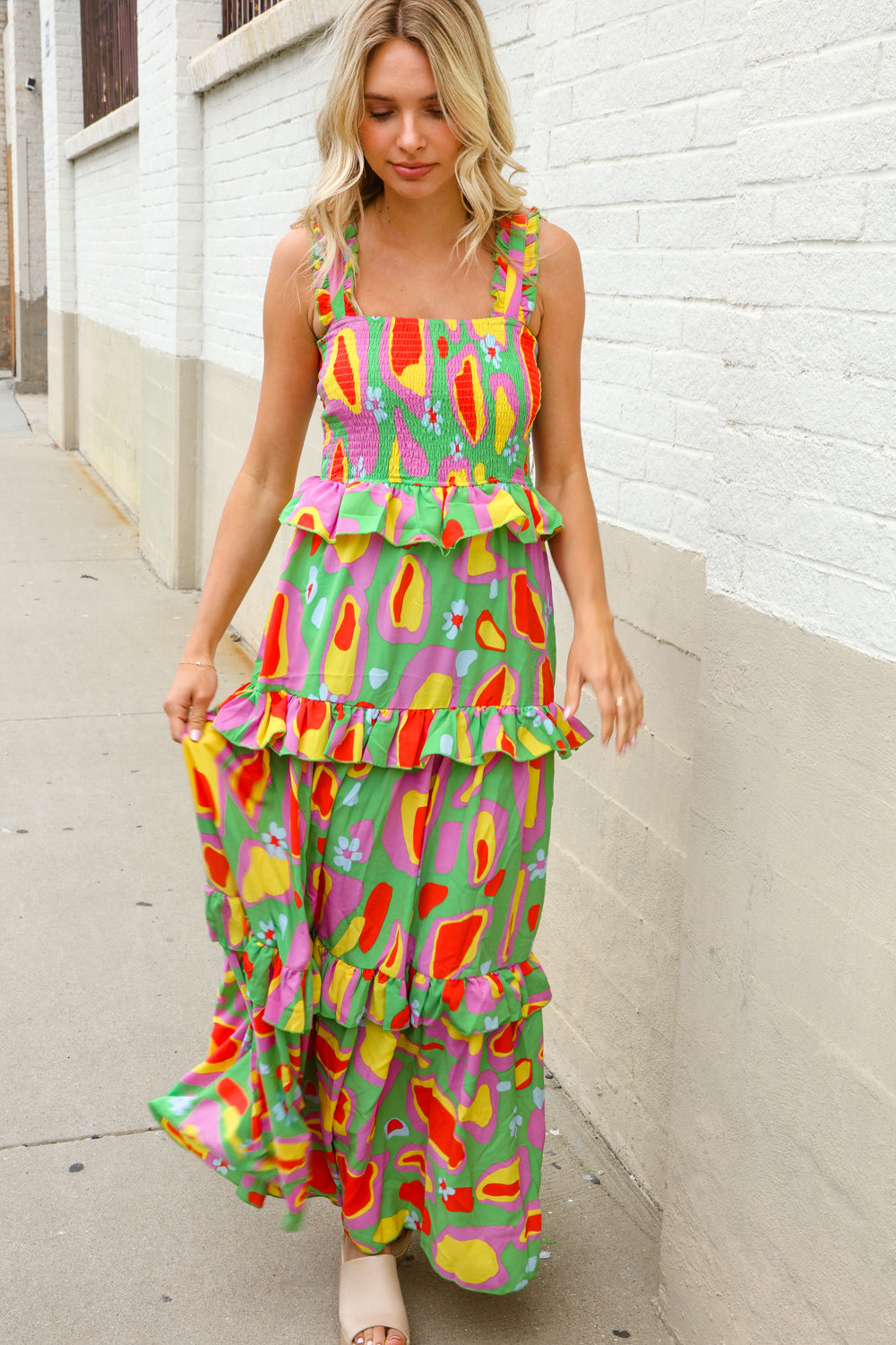First Love Sunny Days Abstract Print Tiered Ruffle Smocked Sleeveless Maxi