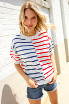 Haptics Patriotic Red & Blue Stripe Drop Shoulder Oversize Sweater Top