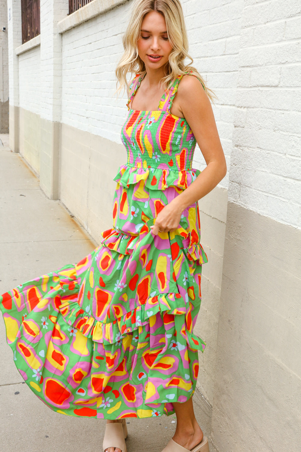 First Love Sunny Days Abstract Print Tiered Ruffle Smocked Sleeveless Maxi