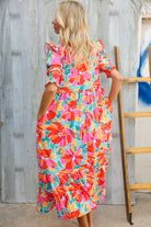 Haptics Orange & Aqua Floral Smocked Notched Neck Midi Dress