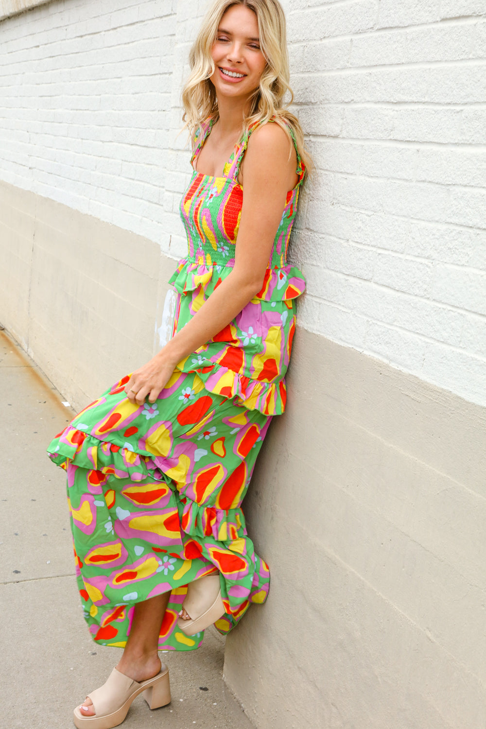 First Love Sunny Days Abstract Print Tiered Ruffle Smocked Sleeveless Maxi