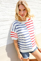 Haptics Patriotic Red & Blue Stripe Drop Shoulder Oversize Sweater Top
