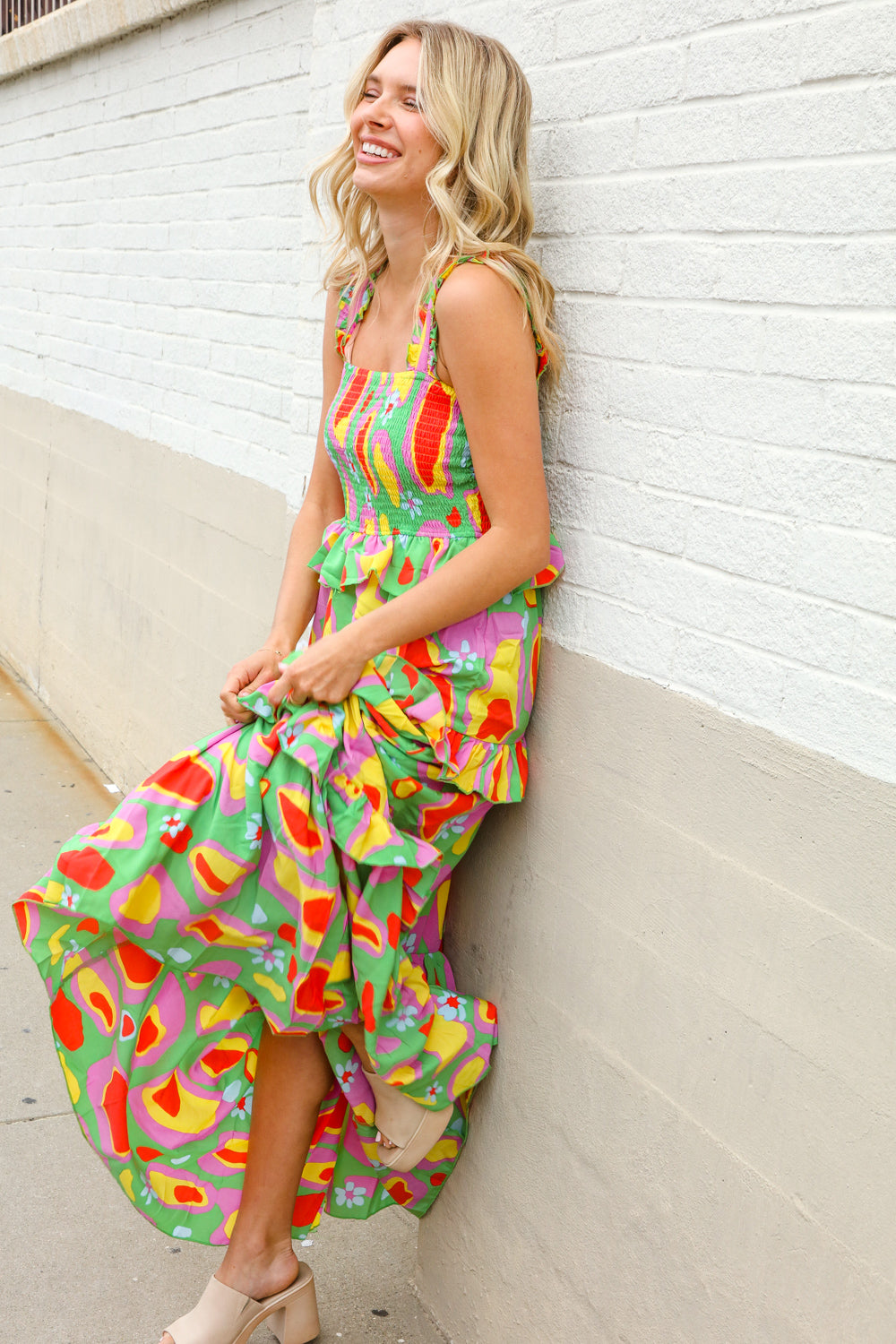 First Love Sunny Days Abstract Print Tiered Ruffle Smocked Sleeveless Maxi