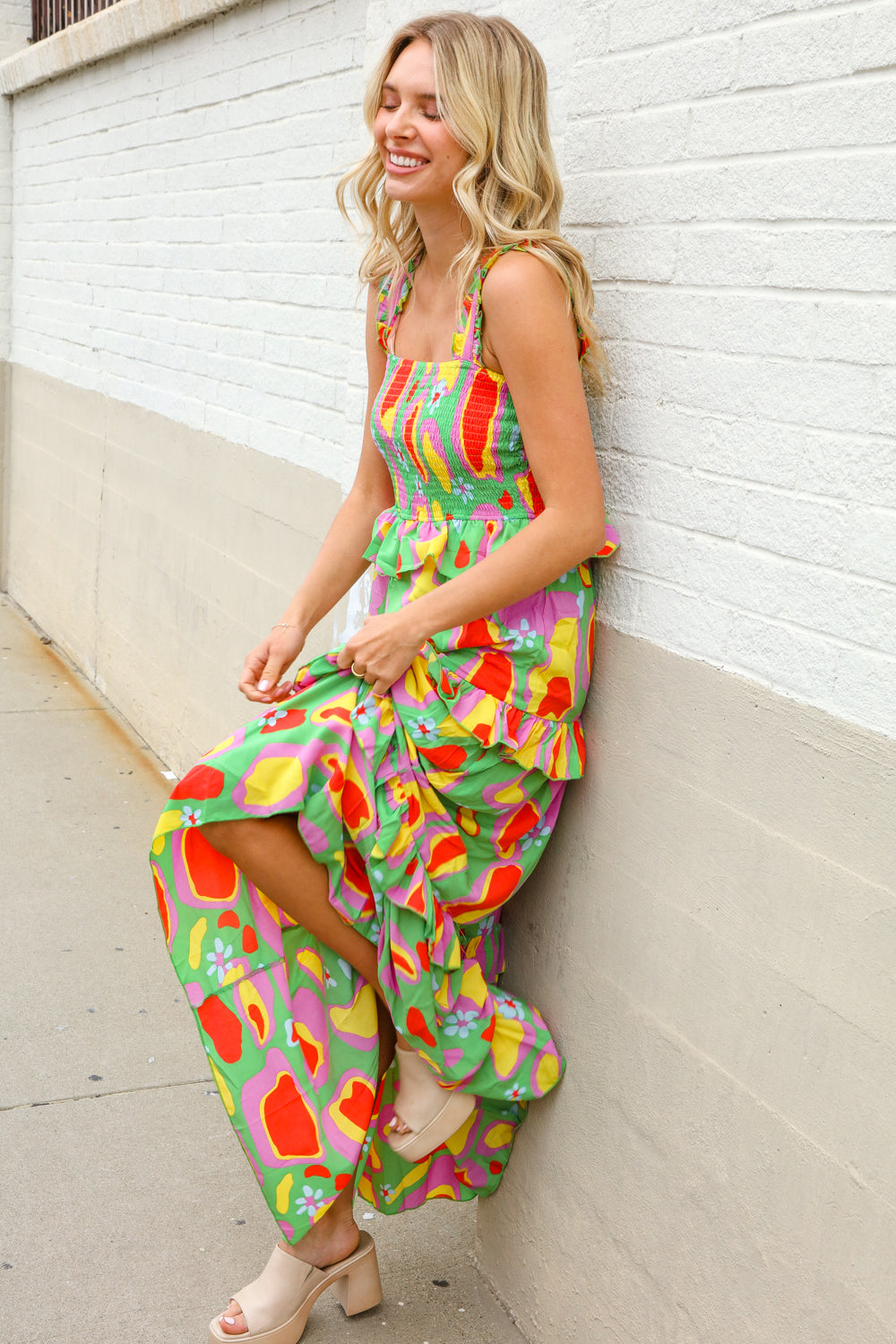 First Love Sunny Days Abstract Print Tiered Ruffle Smocked Sleeveless Maxi