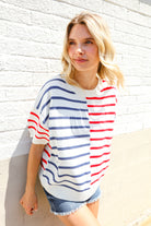 Haptics Patriotic Red & Blue Stripe Drop Shoulder Oversize Sweater Top