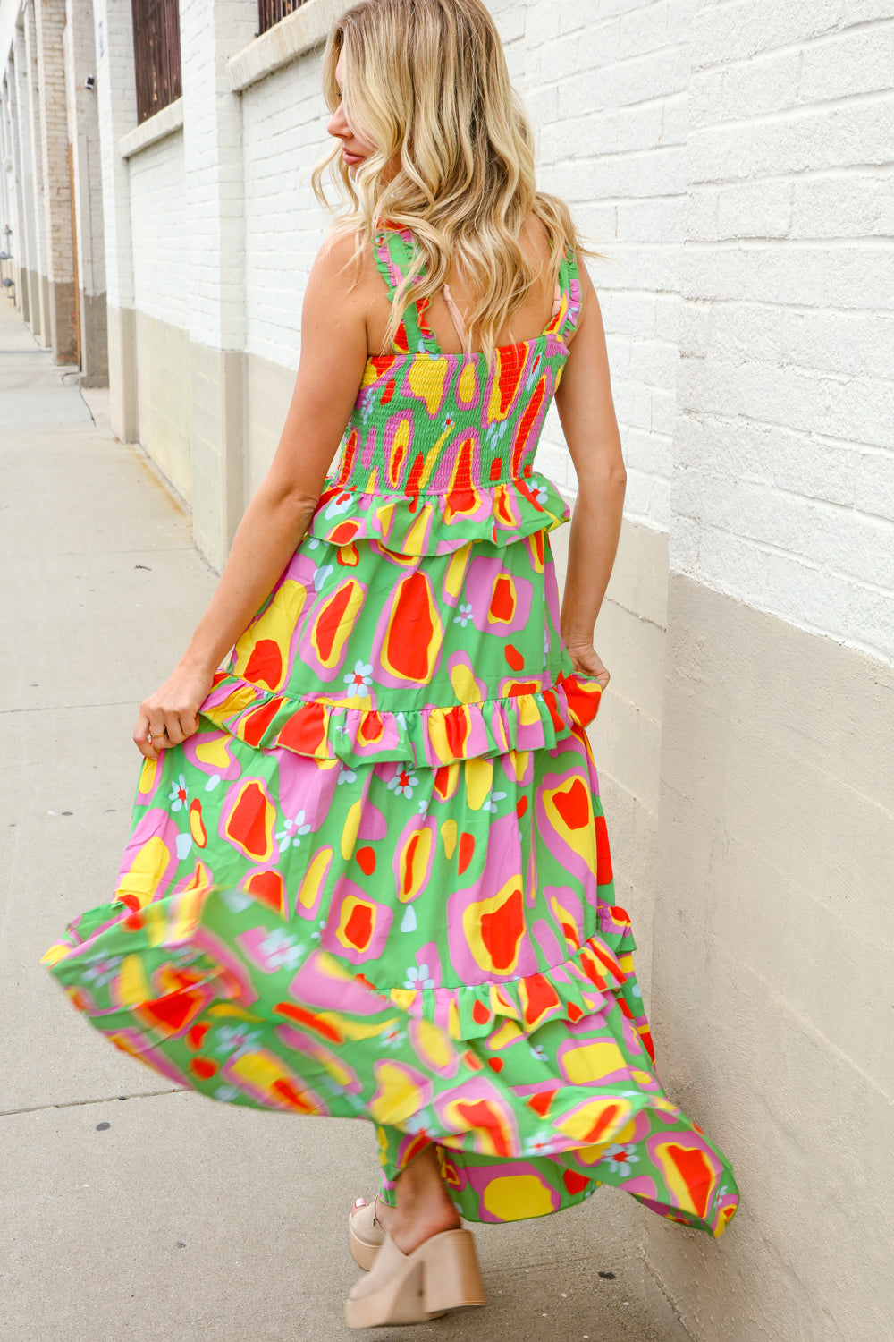 First Love Sunny Days Abstract Print Tiered Ruffle Smocked Sleeveless Maxi