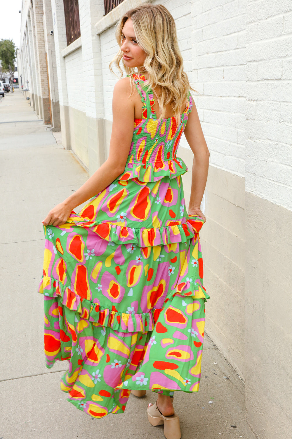 First Love Sunny Days Abstract Print Tiered Ruffle Smocked Sleeveless Maxi