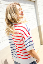Haptics Patriotic Red & Blue Stripe Drop Shoulder Oversize Sweater Top
