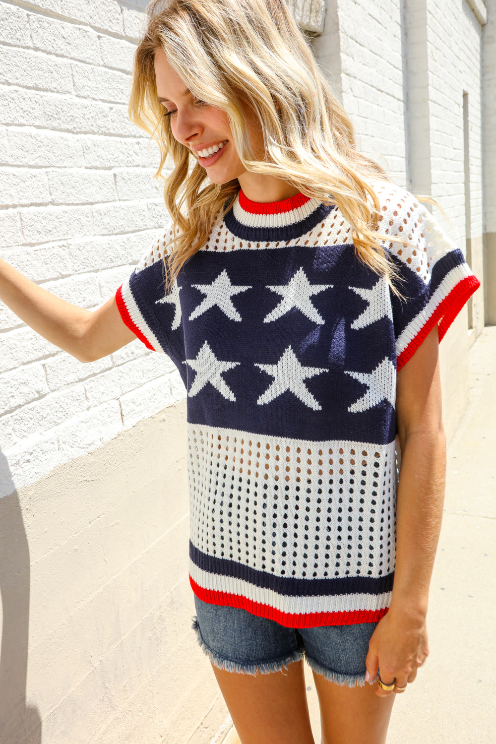 Haptics Stars & Stripe Dolman Sleeve Netted Sweater Top
