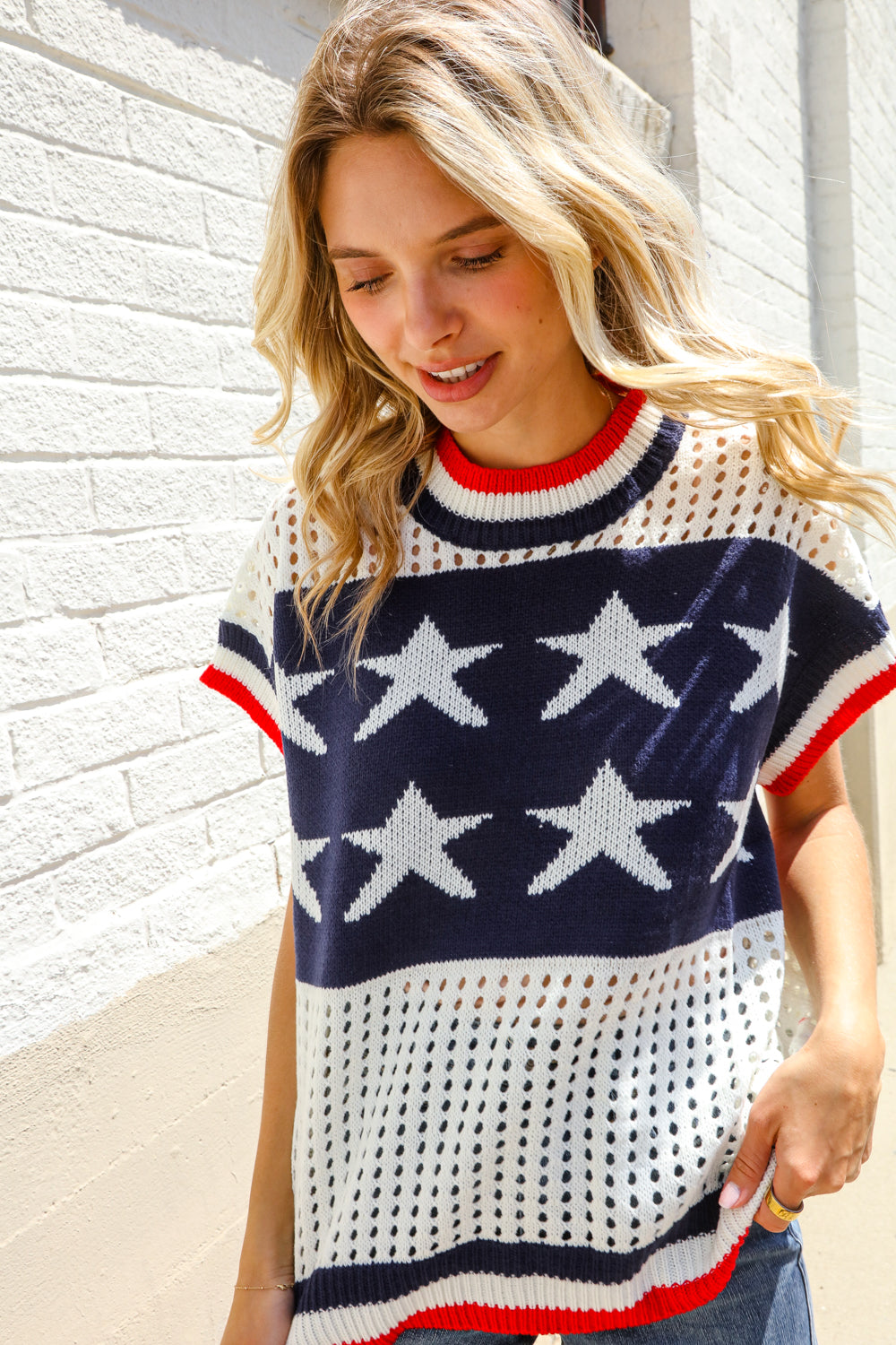 Haptics Stars & Stripe Dolman Sleeve Netted Sweater Top