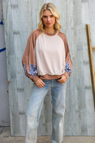 Haptics Taupe & Animal Print Oversized Dolman Colorblock Terry Top