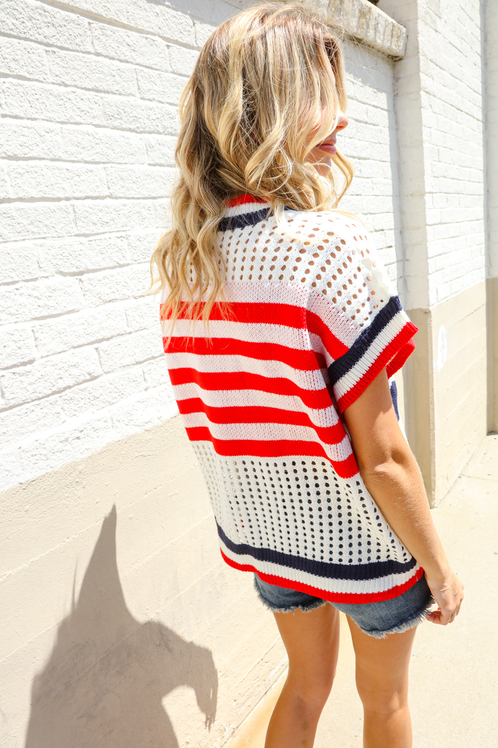 Haptics Stars & Stripe Dolman Sleeve Netted Sweater Top