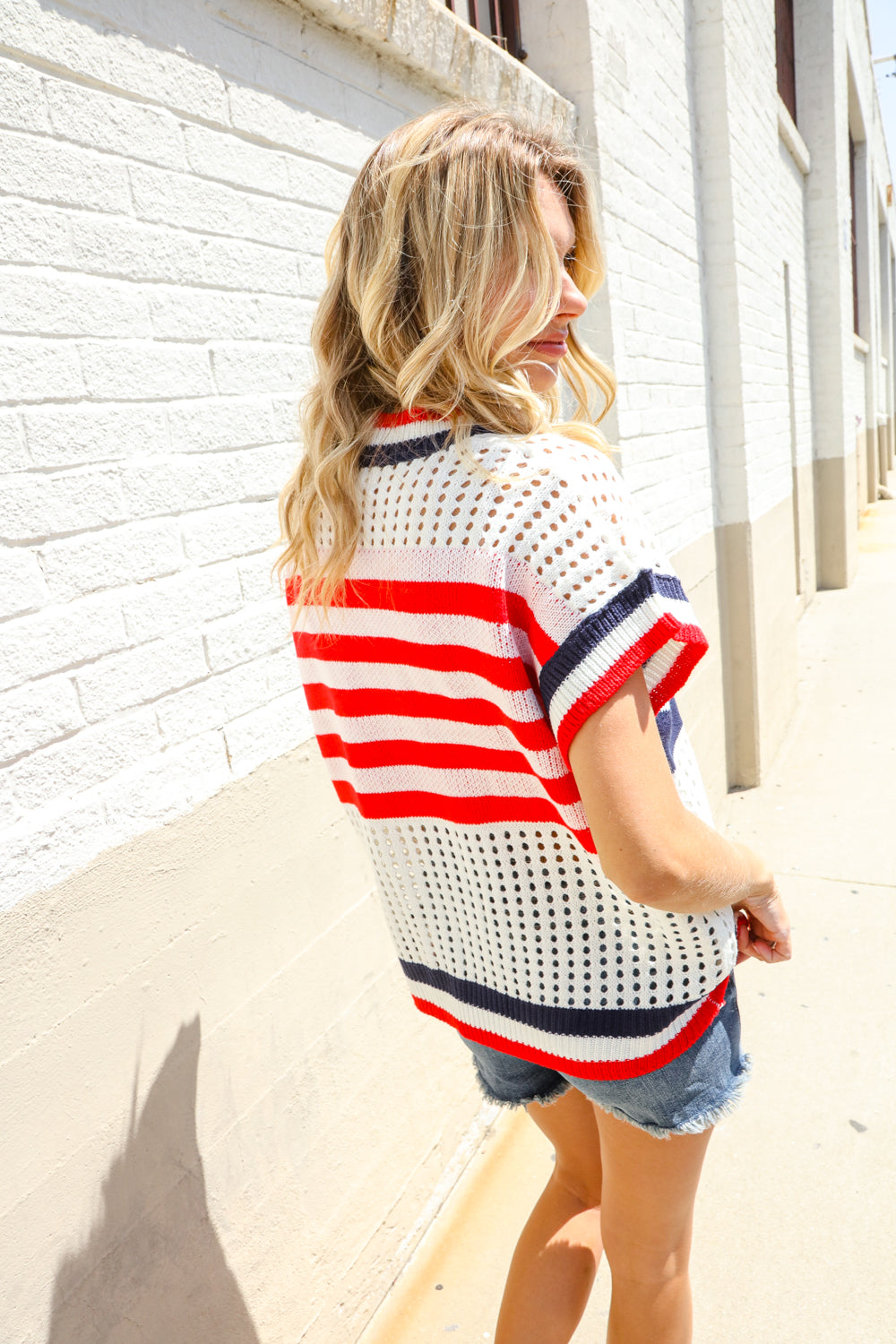 Haptics Stars & Stripe Dolman Sleeve Netted Sweater Top