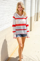 Haptics Patriotic Red Stripe Star Print Crochet Netted Pullover