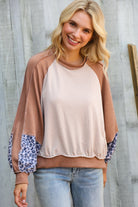 Haptics Taupe & Animal Print Oversized Dolman Colorblock Terry Top
