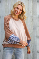 Haptics Taupe & Animal Print Oversized Dolman Colorblock Terry Top