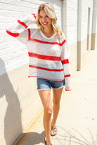 Haptics Patriotic Red Stripe Star Print Crochet Netted Pullover