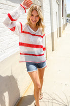 Haptics Patriotic Red Stripe Star Print Crochet Netted Pullover