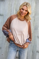 Haptics Taupe & Animal Print Oversized Dolman Colorblock Terry Top