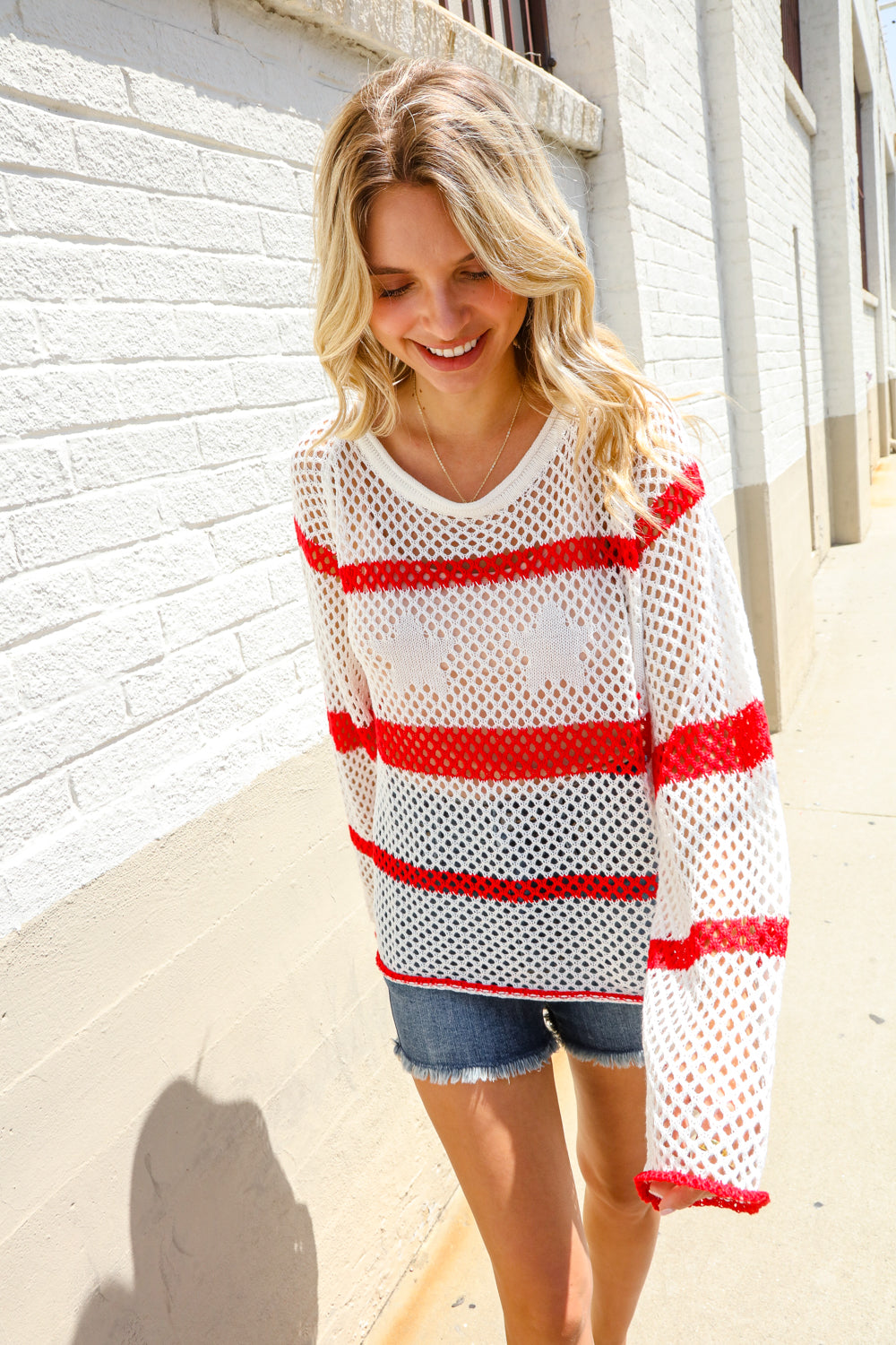 Haptics Patriotic Red Stripe Star Print Crochet Netted Pullover