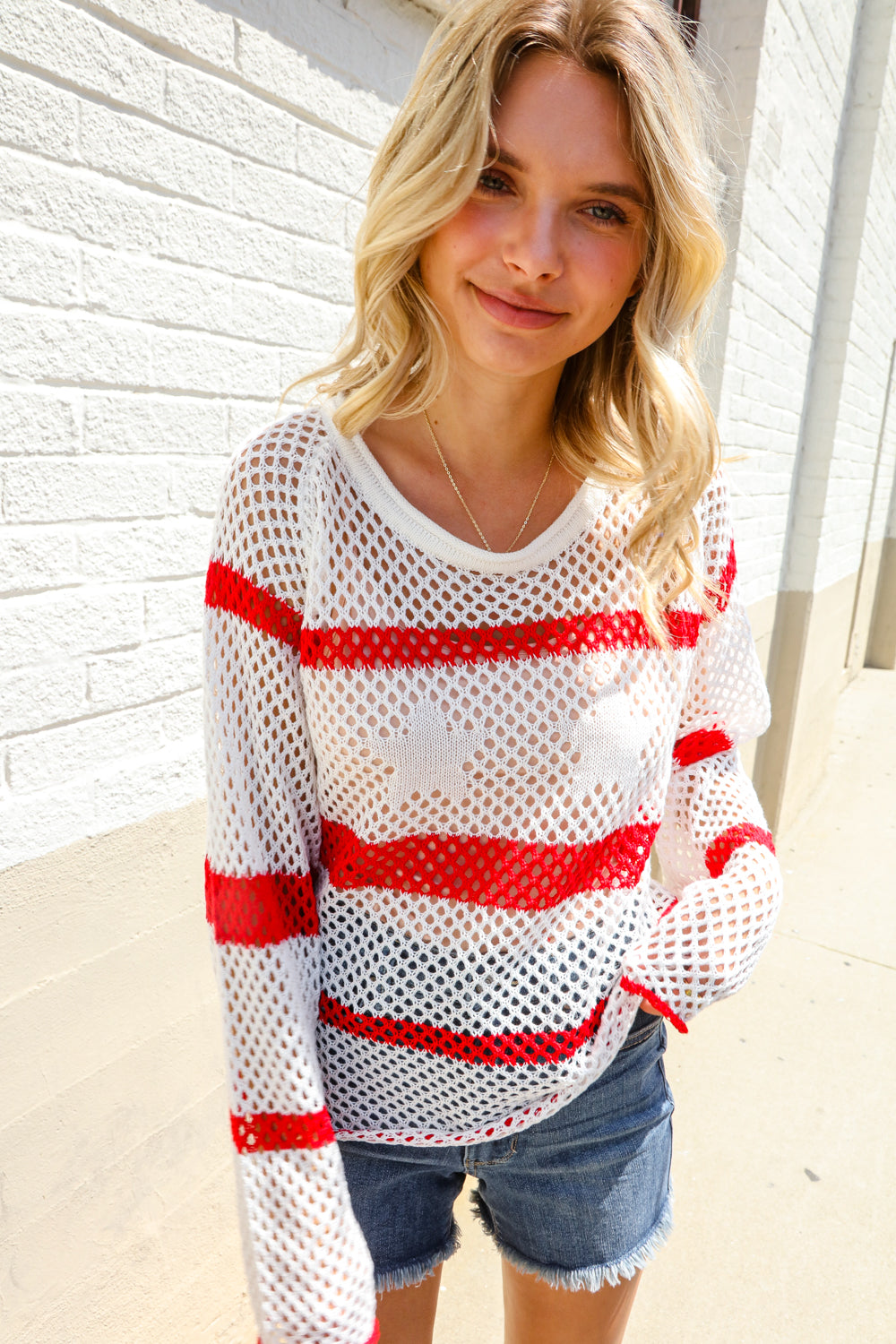 Haptics Patriotic Red Stripe Star Print Crochet Netted Pullover