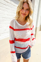 Haptics Patriotic Red Stripe Star Print Crochet Netted Pullover