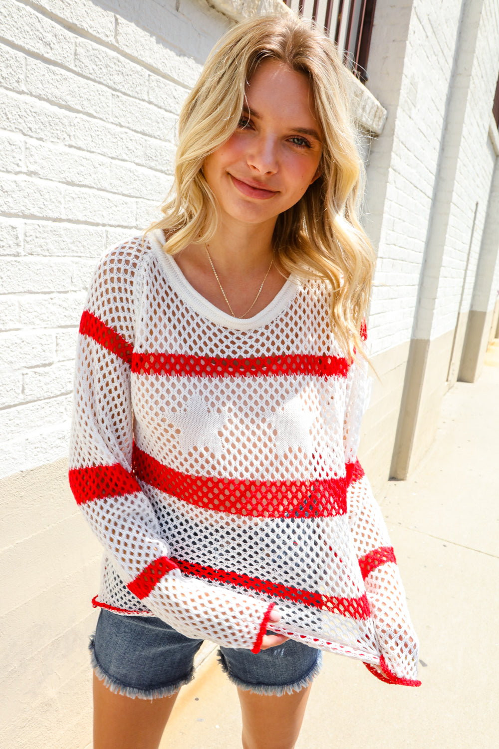 Haptics Patriotic Red Stripe Star Print Crochet Netted Pullover