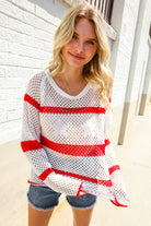 Haptics Patriotic Red Stripe Star Print Crochet Netted Pullover