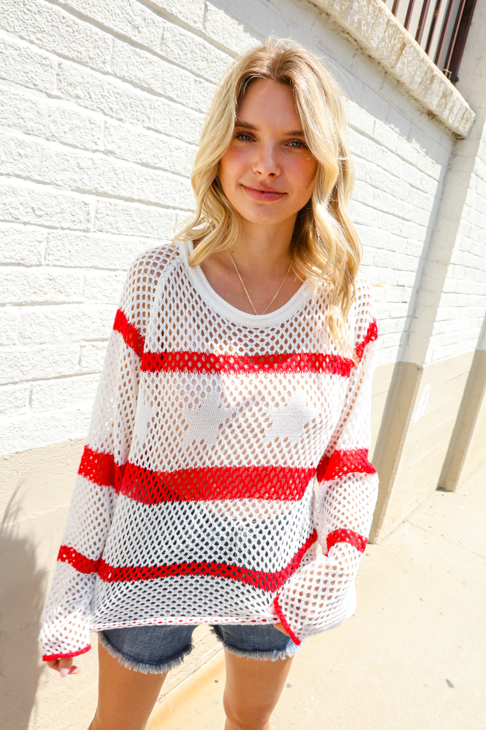 Haptics Patriotic Red Stripe Star Print Crochet Netted Pullover
