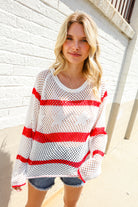 Haptics Patriotic Red Stripe Star Print Crochet Netted Pullover