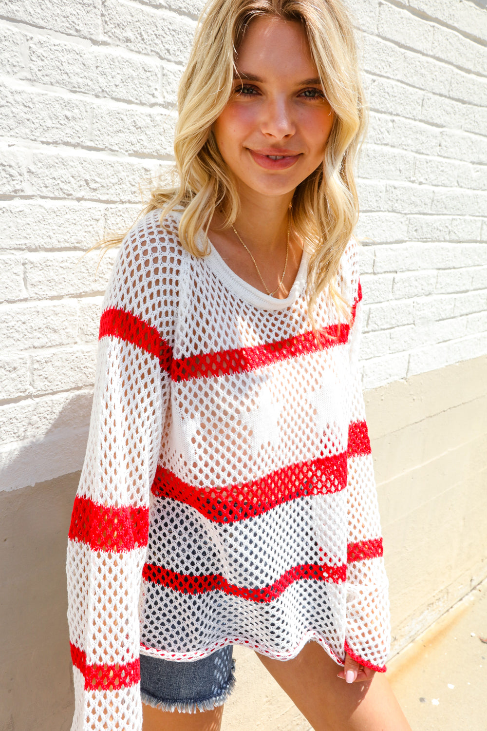 Haptics Patriotic Red Stripe Star Print Crochet Netted Pullover