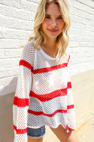 Haptics Patriotic Red Stripe Star Print Crochet Netted Pullover