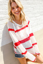 Haptics Patriotic Red Stripe Star Print Crochet Netted Pullover