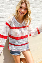Haptics Patriotic Red Stripe Star Print Crochet Netted Pullover