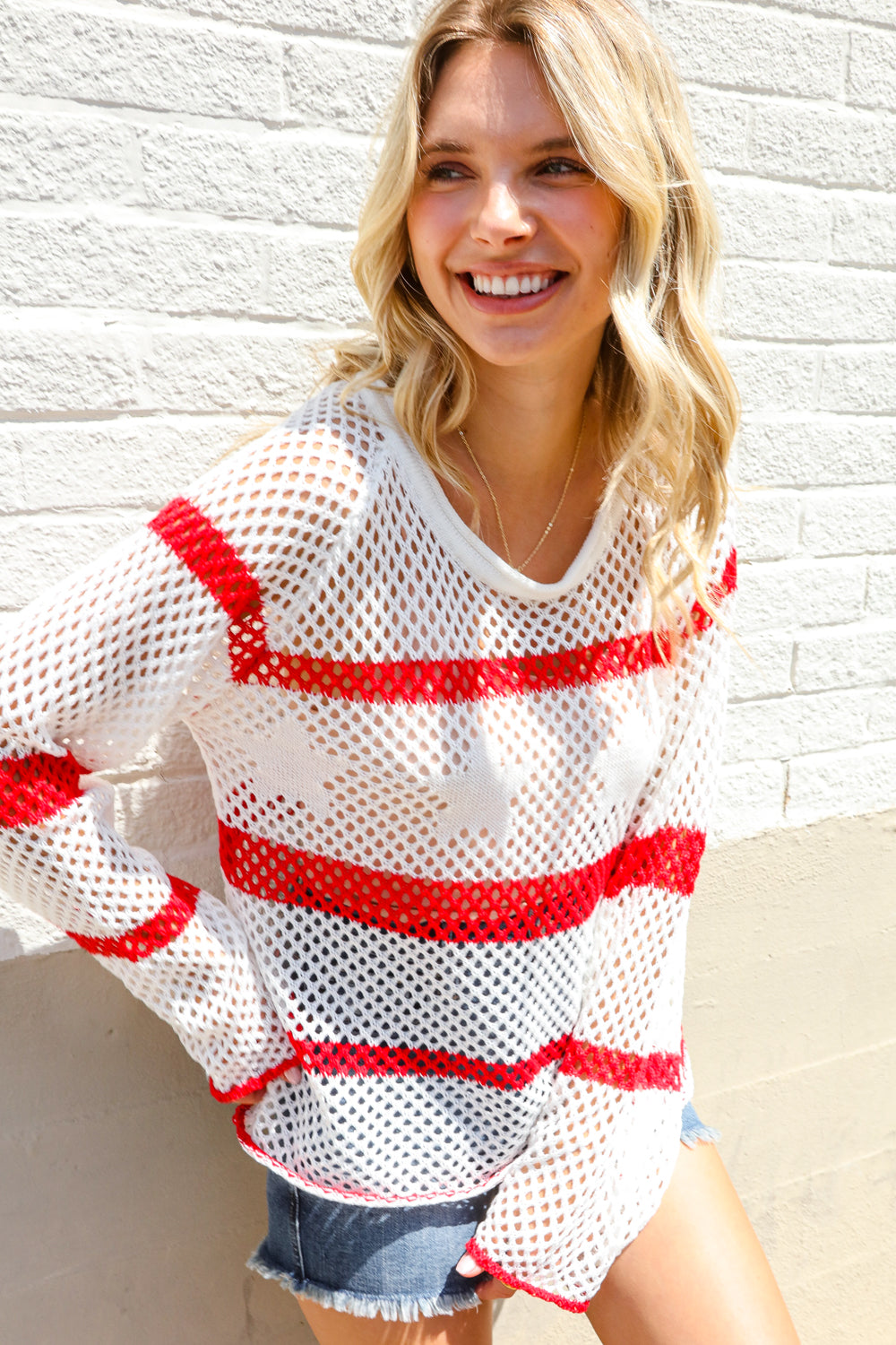 Haptics Patriotic Red Stripe Star Print Crochet Netted Pullover