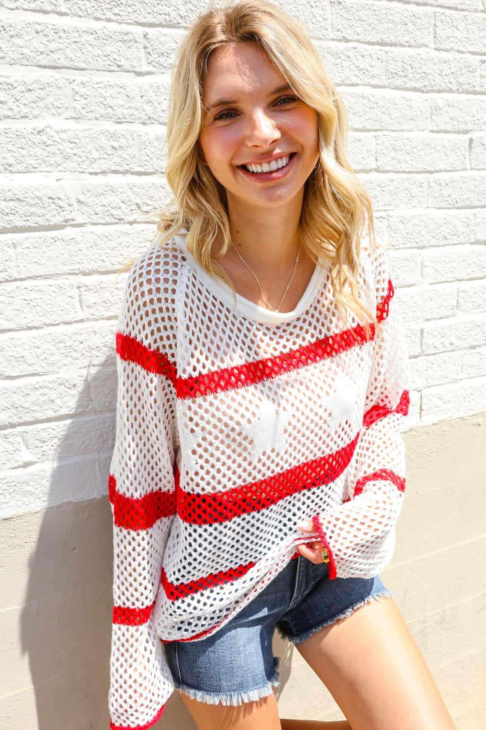 Haptics Patriotic Red Stripe Star Print Crochet Netted Pullover