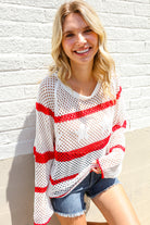 Haptics Patriotic Red Stripe Star Print Crochet Netted Pullover
