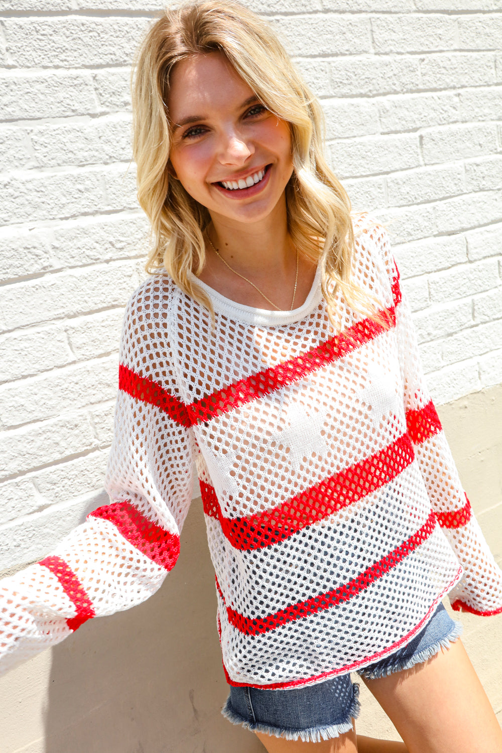 Haptics Patriotic Red Stripe Star Print Crochet Netted Pullover