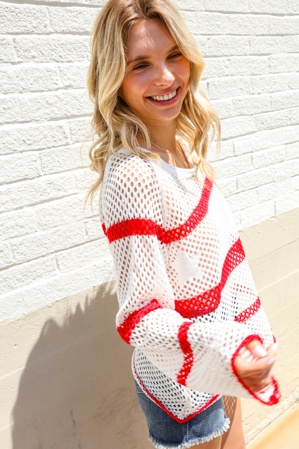 Haptics Patriotic Red Stripe Star Print Crochet Netted Pullover