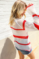 Haptics Patriotic Red Stripe Star Print Crochet Netted Pullover
