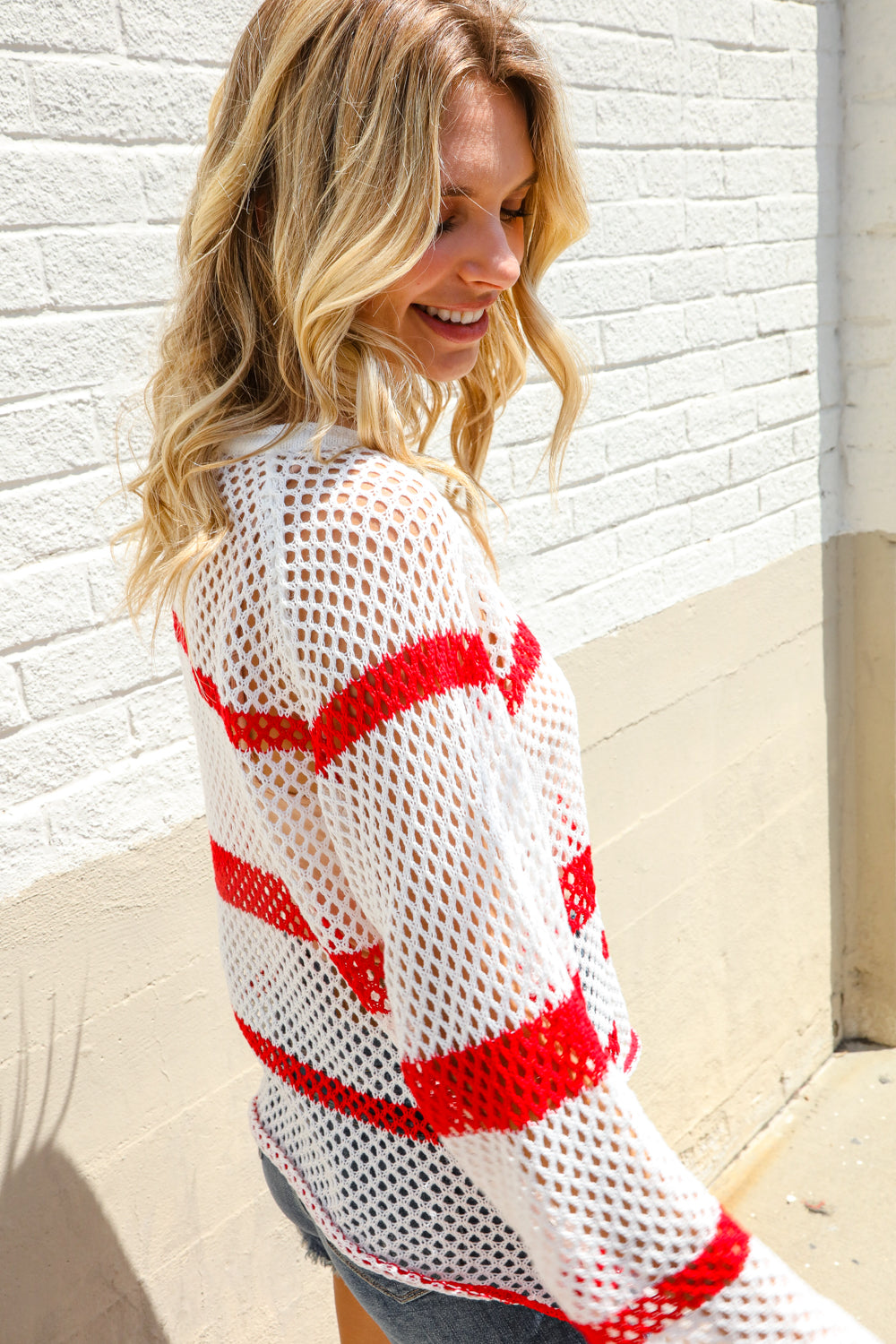 Haptics Patriotic Red Stripe Star Print Crochet Netted Pullover