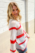 Haptics Patriotic Red Stripe Star Print Crochet Netted Pullover
